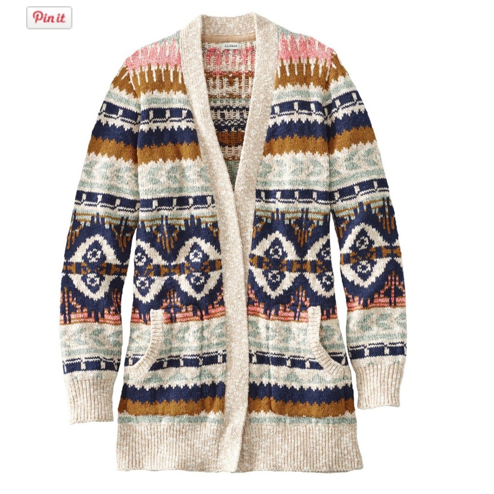 LL Bean Cotton ragg open front cardigan sweater Oatmeal Marl Fair isle SP petite